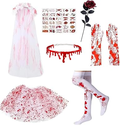 Halloween blodkostym set, 7 stycken skräck brudkostym, blod tyllkjolar och slöja pannband, blodiga knästrumpor och handskar, halsband, ärr tatueringar, rosor, för karneval, cosplay
