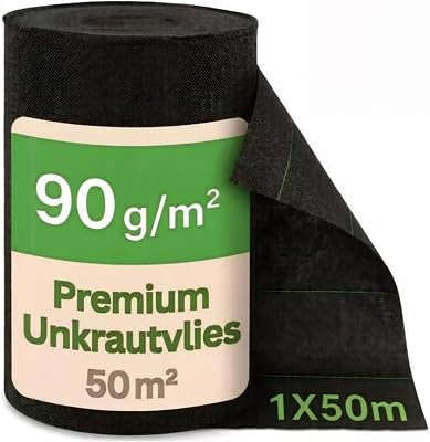 Garnelrhund Ogräsfleece extra stark – 1 m bred x 50 m lång (50 m²) – 90 g/m² vattengenomsläppligt golvtyg, UV-stabil ogräsfleece för trädgård, uppfart och terrass, växtfolie mot ogräs