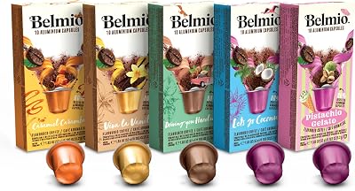 Belmio Cápsulas Nespresso Compatibles, Pack Variedad de Sabores, Café de Tueste Medio, Intensidad 6, Calidad Belga Auténtica, 5 Sabores, 50 Cápsulas