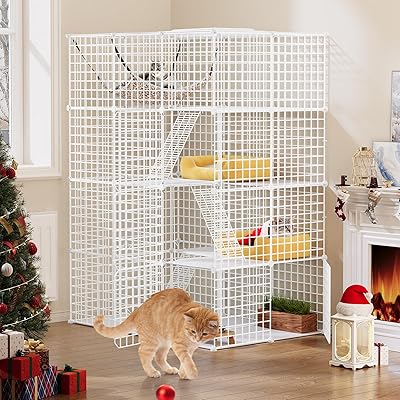 YITAHOME Stor kattbur för inomhusbruk, kattkoja i metalltråd med 3 stegar, gör-det-själv-kattlekhage Catio med hängmatta, djurbur för 1–3 katter, hare, vit, 107 x 72 x 142 cm
