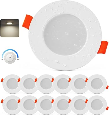 Sineyon Dimbar infälld LED-spotlight, set med 12 IP44 badrumsplattor, 4 000 K, neutral vit, 4 W takspotlights hål 65–80 mm, extra platt infällda spotlights för kök, vardagsrum, sovrum