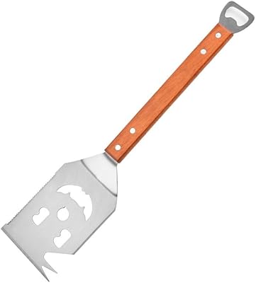 Grillspatel av rostfritt stål, multifunktionell grillbestick med trähandtag, handtag med flasköppnare, grilltillbehör, grillpresenter för män, kreativ grillsvarvare