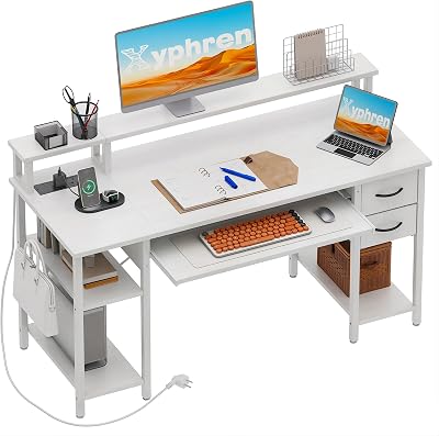 Xyphren Skrivbord med 2 lådor, datorbord, spelbord med tangentbordshylla, höjdjusterbar sidohylla, monitorstativ och uttag för hemmakontor och vardagsrum, 120 x 50 cm, vit