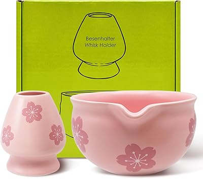 Cyiecw 2 stycken matcha set rosa sakura – keramisk matcha-skål med pip och matcha kvasthållare, matcha ceremonial för beredning av Ursi, koicha och matcha te