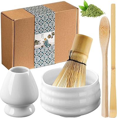 5 stycken Matcha-teset, Matcha-set med matcha kvast, matcha skål av keramik, bambukvast matcha kvast, kvasthållare av keramik, handgjord matcha, tillbehör presentset (vit)