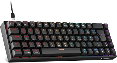 KOORUI Mekaniskt tangentbord, 60% speltangentbord med 12 multifunktionstangenter, USB-kabel, full rollover, tysk QWERTZ-layout för Windows MacOS Linux, röd brytare, svart