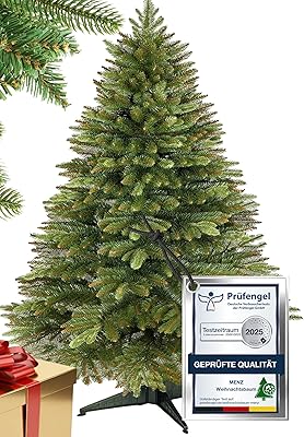 Menz Premium julgran konstgjord 180 cm med ljusslinga – naturtrogen gran av högkvalitativa PE och PVC-grenar, stabilt metallstativ och återanvändbar