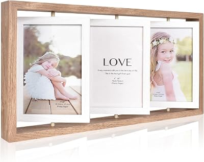 Zimoer Dubbelsidig roterbar fotoram för 6 träbilder - trefaldig ram med 3 roterande paneler, modern nordisk stil för bilder 10 x 15 cm (porträtt/landskap)