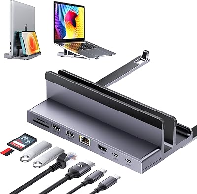 USB C-docka, QUUGE 8-i-1 MacBook Dock med HDMI 4K@60Hz, 2X USB 3.0, Gigabit Ethernet, 100 W PD, SD/TF 3.0, laptopdockningsstation med stativ för MacBook Air/Pro M3, Dell