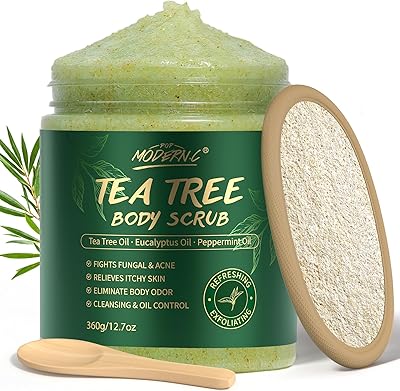 Tea Tree Oil Body & Foot Scrub, Förbättra hudsvamp, Hud Kliande, Jock Itch, Fotobehag & kroppslukt, Tea Tree Sea Salt Scrub för att exfoliera och återfukta huden, djuprengöring, 360g/12,7oz