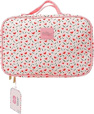 The Vintage Cosmetic Company Tulpan fyrkantig bärväska, blommig kosmetisk organisatör för smink, toalettartiklar och resetillbehör med dragkedja