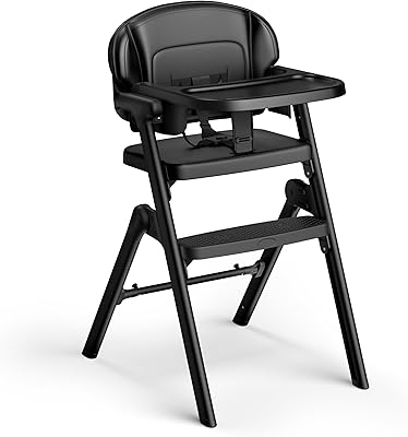 Hopfällbar barnstol, justerbar utvecklingsbarnstol - från 6 månader upp till 90 kg, ergonomisk stol med 5-punktsbälte, skyddsstång, kudde och bricka - lätt att rengöra (svart)
