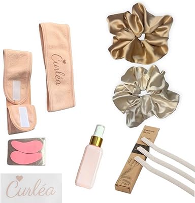 Curléa Skönhetsset – 2 × satinscrunchies, spa fleece-pannband, mini sprayflaska, 3 × ögonrakapparat, återanvändbara ögonkuddar – hårband och skönhetstillbehör (C-CHMP-CRM)
