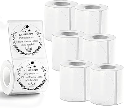 QUASON 5 cm cirkelformade termiska klistermärkesetiketter, 7 vita självhäftande runda direkta termiska etiketter för företag, kompatibla med zebra, Rollo, MUNBYN, BPA-fri (840 etiketter/7 rullar)