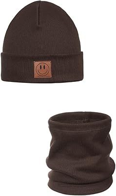 Ander Beanie barn och loop halsduk set SMILE – mössa & tubhalsduk av bomull – vår höst – unisex pojkar flickor – mjuk och snygg, BRUN, 52-56