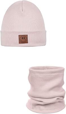 Ander Beanie barn och loop halsduk set SMILE – mössa & tubhalsduk av bomull – vår höst – unisex pojkar flickor – mjuk och snygg, Pulverrosa, 52-56