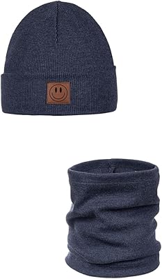 Ander Beanie barn och loop halsduk set SMILE – mössa & tubhalsduk av bomull – vår höst – unisex pojkar flickor – mjuk och snygg, Marinblå melerad, 52-56