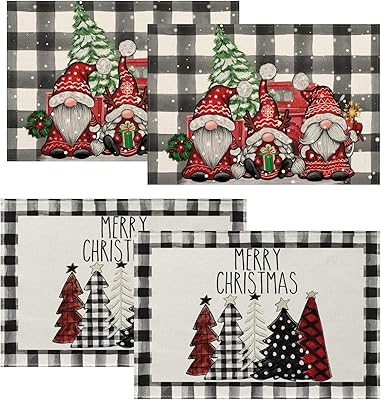 4-pack juldukar, platta vattenavvisande och värmebeständiga, tvättbara, med jultomte- och julgransmotiv, lämpliga för julbordsdekorationer och bordsskydd