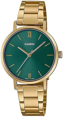 Casio Kvinnors analoga japanska kvartsur med metallarmband A1999, guld/grön, rem, Guld/grön, rem
