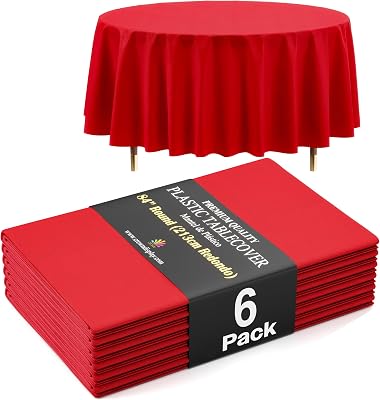 Utsökt 66 % tjockare premium röd rund bordsduk 0,5 mil 6-pack plastbordsduk 203 cm rund plastbordsduk kommer inte att slitas lätt som billiga tunna märken