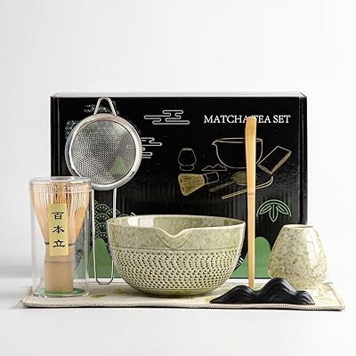 DWEHIXBUY Japansk matchningsceremonitillbehör, matcha-visp, traditionell skopa (chashaku), tesked, visphållare, 1 teskål, 1 tesikt, det perfekta setet för att förbereda en traditionell matchkopp.