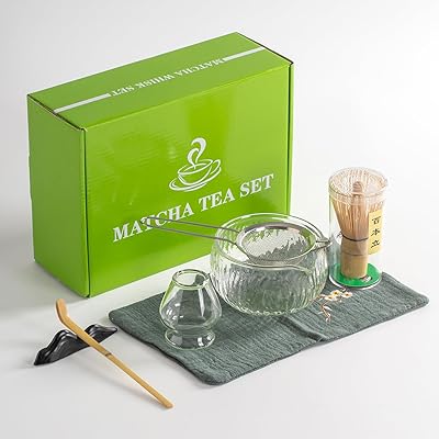 DWEHIXBUY Japansk tesats (7 st) Matcha vispset matcha skål med hällpip bambu matcha visp (chasen) Scoop (chashaku) matcha visphållare tetillverkningskit. VIT GLASS