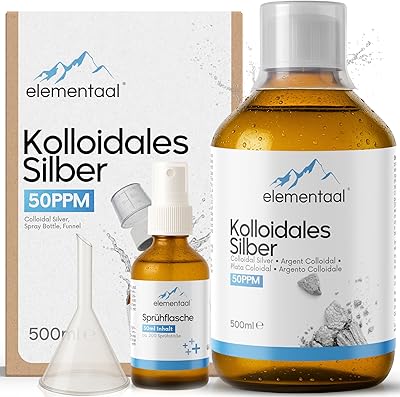 Elementtaal Kolloidalt silver 100 % naturlig | 50 PPM (500 ml) | Laboratorietestad och certifierad | Med påfyllningsbar 30 ml spray & tratt & Ebook | Perfekt partikelstorlek för maximal effekt
