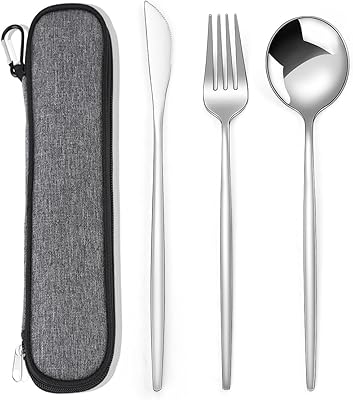 MURRI&MURRDI rostfritt stål bestickset med väska, 3 delar cutlery set för resor. Bärbar återanvändbar bestick för 1, lunchkniv gaffel sked set, diskmaskin säker (3 silver)