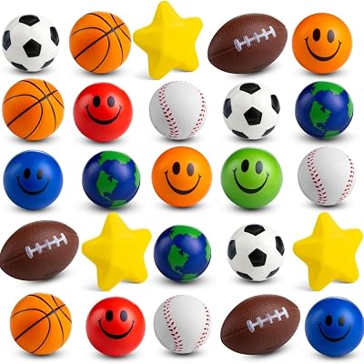 Mini-stressbollar för barn (25-pack) 5,1–7,6 cm mjuka, klämbara fidget-leksaksbollar, olika former och färger, för barnkalas och godispåsar, spelpriser för pojkar och flickor