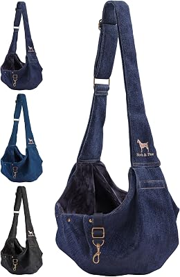 Noah & Paw Transportväska för hundar 3-10 lb, bärsel för små hundar och katter, justerbar vadderad rem, premiumdenim fodrad med päls, dubbel säkerhet, maskintvättbar