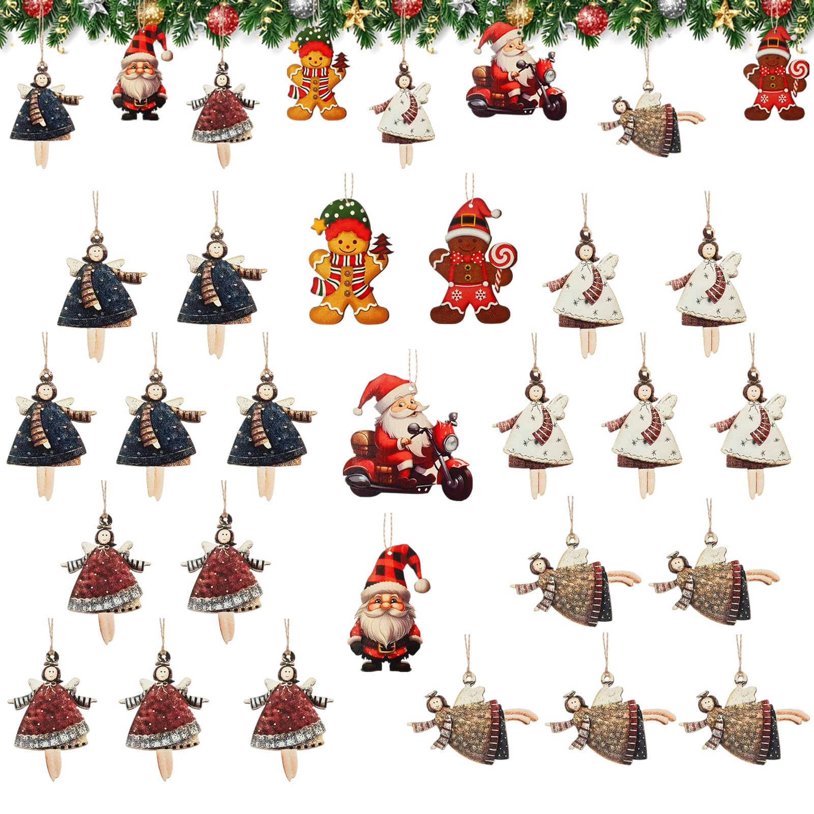 24 stycken julgransprydnader (20 änglar + 2 pepparkaksgubbar + 2 jultomten), julgransprydnader, trädekorationer för fönsterdekorationer, nyårsdekoration, gåva