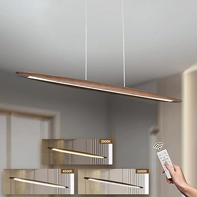 YYUTLUO LED Pendellampa I Trä Matbordslampa, Brun Dimbar Med Fjärrkontroll Pendellampa, Höjdjusterbar, Modern Linjär Design Vardagsrumslampa Hängande För Kontorsmatsal (100cm)
