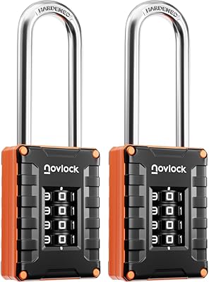 NOVLOCK Kombinationslås extra lång bygel 7 cm – hänglås med 4-siffrig kod, härdat stål – för skåp, grindar, skjul, förråd, garage och staket – 2-pack, svart/orange