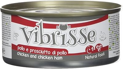 Croci Vibrisse Våtfoder för katter med kyckling och kycklingskinka, naturlig mat utan färgämnen och konserveringsmedel, 24 x 140 g burkar