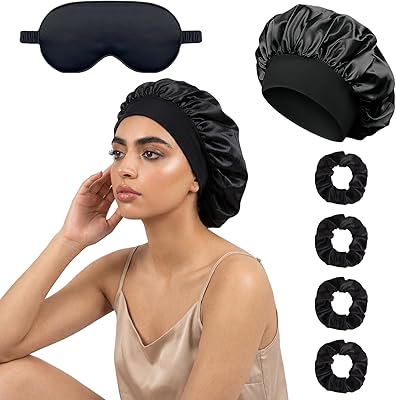 XIANJIA 6 stycken hårbonnet sidenset, innehåller svart silkeshuva för sömn ögonmask och 4 scrunchies, satin hårmössa för kvinnor flickor