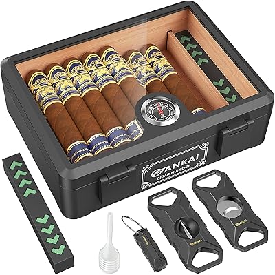 FANKAI Cigarrhumidor, hel glasskiva cigarrlåda med luftfuktare och hygrometer, droppsäker vattentät cigarrfodral, cederträfoder förvaringslåda med avdelare för 20–25 cigarrer, Svart, 10.7*8.26*3.34