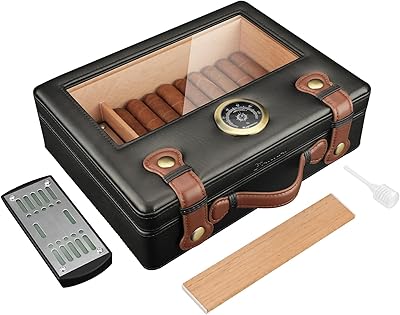 FANKAI Cigarr humidor, cigarrlåda med hygrometer luftfuktare och avdelare, glasskiva cederträ förvaringsfodral för 30 st – 50 st cigaretter, resecigarrtillbehör, Svart, 10.7*8.26*3.34 inch, Resa