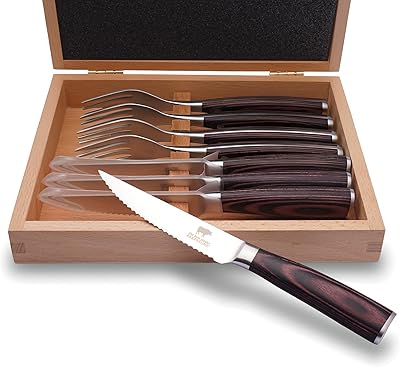 BEEFSTONE Bestickset för steak, 8 delar, 4 tandade stekknivar + 4 stekgafflar, ergonomiska handtag i Pakka-trä, presentask i massivt trä