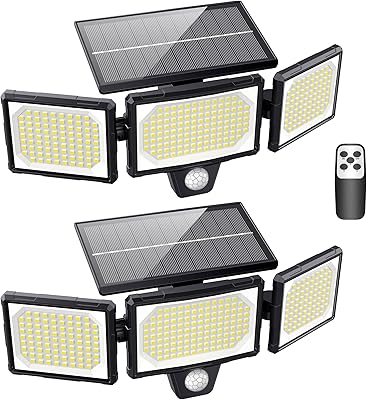 Utomhus solcellslampor med rörelsesensor för trädgård 304 LED 3 lägen solprojektor utomhus med fjärrkontroll, IP65, vattentät, vidvinkelbelysning, solcellsbelysning, väggbelysning