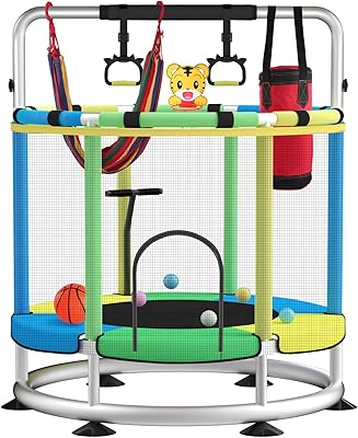 Studsmatta för barn, uppdatering T-räcke justerbar baby småbarn trampolin med basketring, 200 kg anti-rullning rund botten inomhus utomhus småbarn trampolin med inhägnad (blågrön)