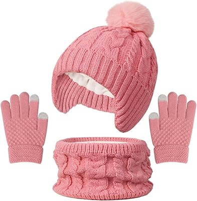 Bekecidi Set med halsduk och handskar för barn, termisk stickad mössa hatt pekskärm handskar tjock fluffig halsduk varm mössa pom tofsar halsvärmare set för flickor och pojkar barn ålder 3-10, Rosa