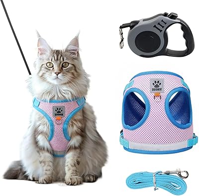 MINGBOLIN Kattsele med koppel, går säkert att gå sönder, katt, bröstsele, set med koppel, 1,5 m, med reflekterande, med 5 m, automatiskt infällbart kattkoppel, för katter, hundar (M)