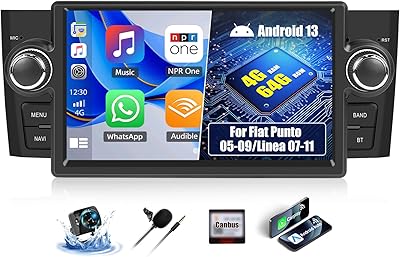 4G+64G Android 13 Bilstereo för Fiat Punto 05-09/Linea 07-11 med Trådlös CarPlay Android Auto, 7" Pekskärm med WiFi GPS Bluetooth FM RDS EQ SWC Kamera
