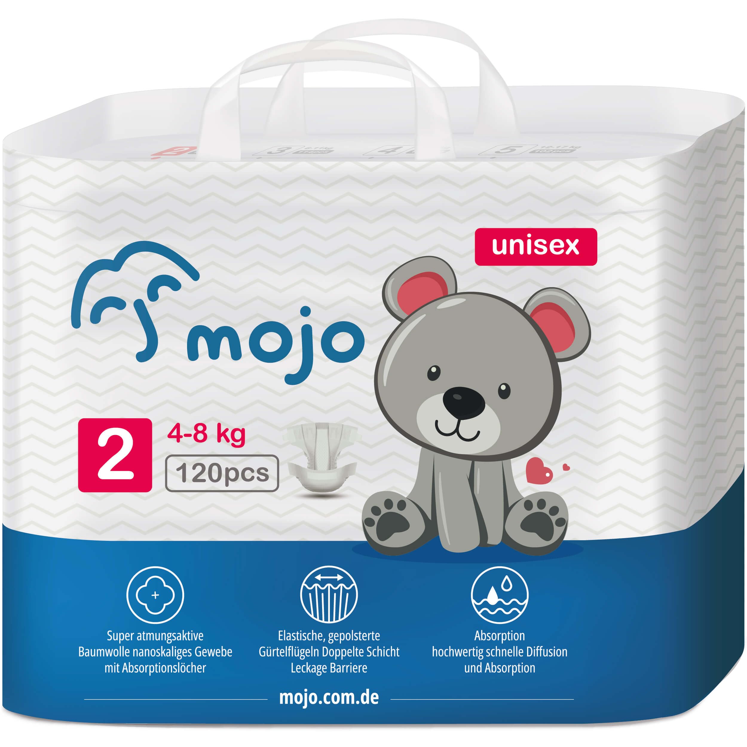 Bekväm storlek 2 engångsblöjor ultraabsorberande läckagesäker hudvänlig andas unisex blöjor för barn, 120 stycken för 4–8 kg