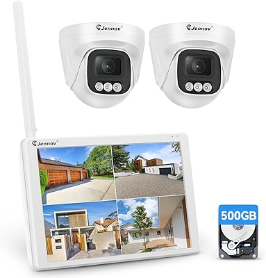 Jennov 5MP utomhus övervakningskamera set med 10 tums skärm, 2X WiFi IP-kamera, 500 GB hårddisk