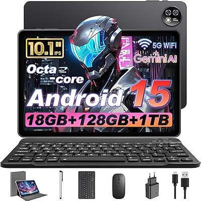 Android 15 10,1-tums surfplatta med tangentbord, Octa-Core T310, 18 GB RAM, 128 GB lagring upp till 1 TB TF, 1280×800 IPS-skärm, WiFi 2.4G/5G, BT 5.2, GPS, Face ID, USB-C, 6 000 mAh batteri, svart