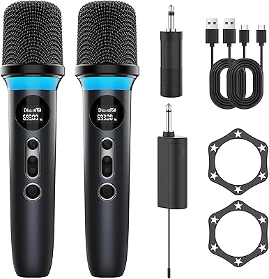 CARUDI Trådlös mikrofon, dubbelt handhållet mikrofonsystem med en knapptryckning, dynamisk RGB-belysning, 40-timmars batteritid och 200-fots räckvidd, perfekt för karaoke, bröllop, fester och