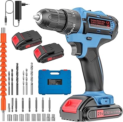 Trådlös borrmaskin 21 V med väska - komplett kit: 2 batterier 2000 mAh, 2 hastigheter, 25+3 par, 10 mm chuck och 24 tillbehör - för hem, möbler och DIY