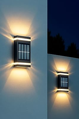 Solcell utomhus solvägglampa med attraktiv och funktionell design, perfekt för veranda, trädgård eller terrass, liten solvägglampa, IP65-motstånd 100 000 timmars livslängd garanterad [2-pack]