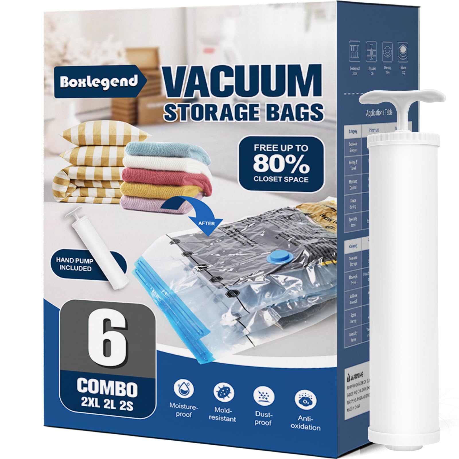 BoxLegend Vakuumförvaringspåsar 6 stycken 2 x 100 x 80 cm + 2 x 80 x 60 cm + 2 x 60 x 40 cm vakuumförvaringsöverdrag för madrasser, kläder, täcken, sängkläder